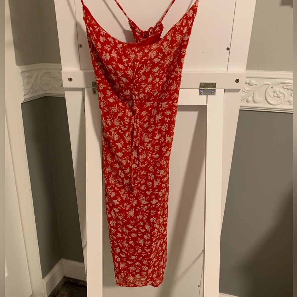 red with white flowers sun dress with open back